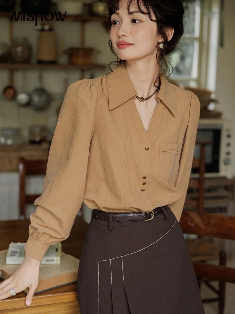 MISHOW Women's Long Sleeved Shirt 2024 Autumn French Minimalist Lapel V Neck Commuter Shirt Retro Button Office Lady MXD43C0306
