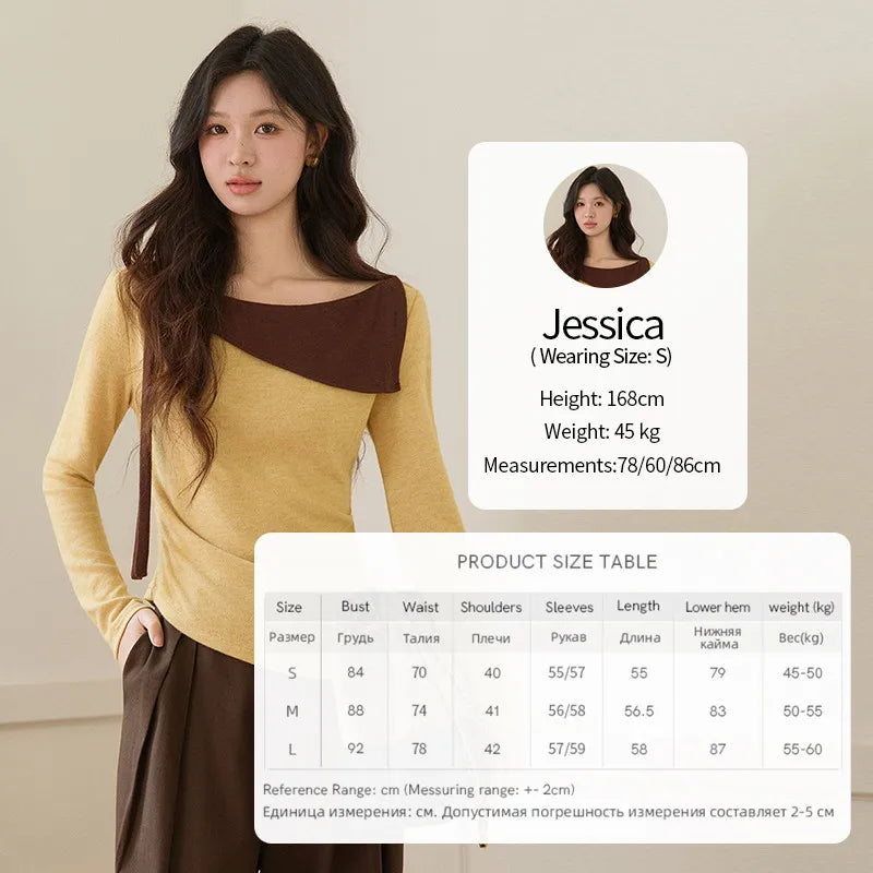 MISHOW Women's Yellow Brown Irregular Top 2026 Spring Contrast Color Oblique Collar Long Sleeve Casual Knitted Tops MXF11Z2911