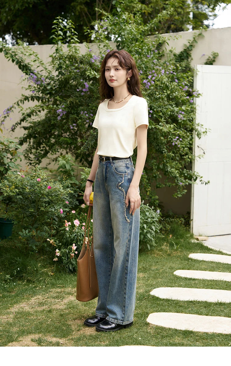 MISHOW Multi Color Square Neck Tees Short Sleeve Solid Color T-shirt for Women 2024 Spring/summer Basic Versatile Top MXC12T0641