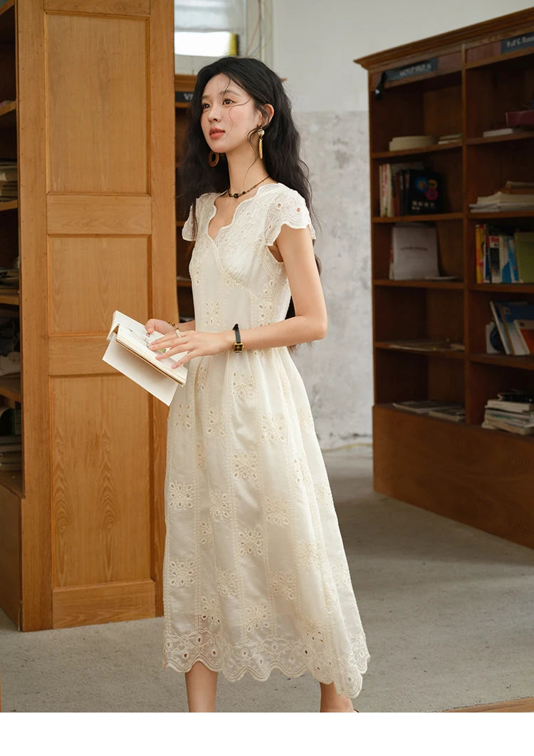 MISHOW Women's Flying Sleeve V-neck Hollow Dress 2025 Summer Embroidery A-line Dress Seaside Vacation Long Dresses MXE39L2404