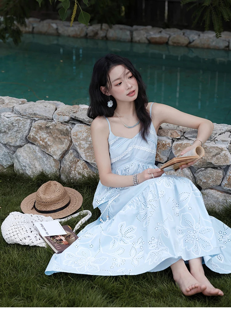 MISHOW Woman 2 Pieces Set 2025 Summer Ladies Fashion Strap V-neck Top Embroidery Flower Hollow Out Drawstring Skirt MXE34T0624