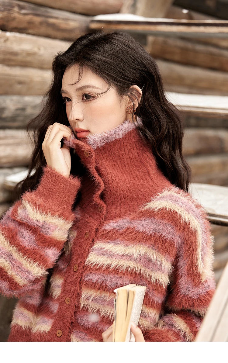 Mishow Red Striped Faux Mink Fur Stand Collar Cardigan MXD59Z1005