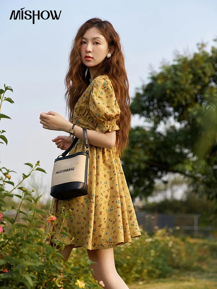 MISHOW Women's Retro Puff Sleeve Flower Dress 2025 Summer Waist Slim A-LINE V-Neck Shirring Female Ankle-Length Dress MXC33L1374