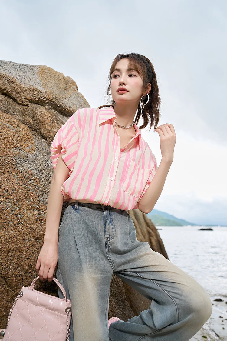 MISHOW Women's Striped Shirt 2023 Summer Korean Loose Puff Sleeve Polo Neck Pocket Casual Tops STRAIGHT Office Lady MXC38C0072