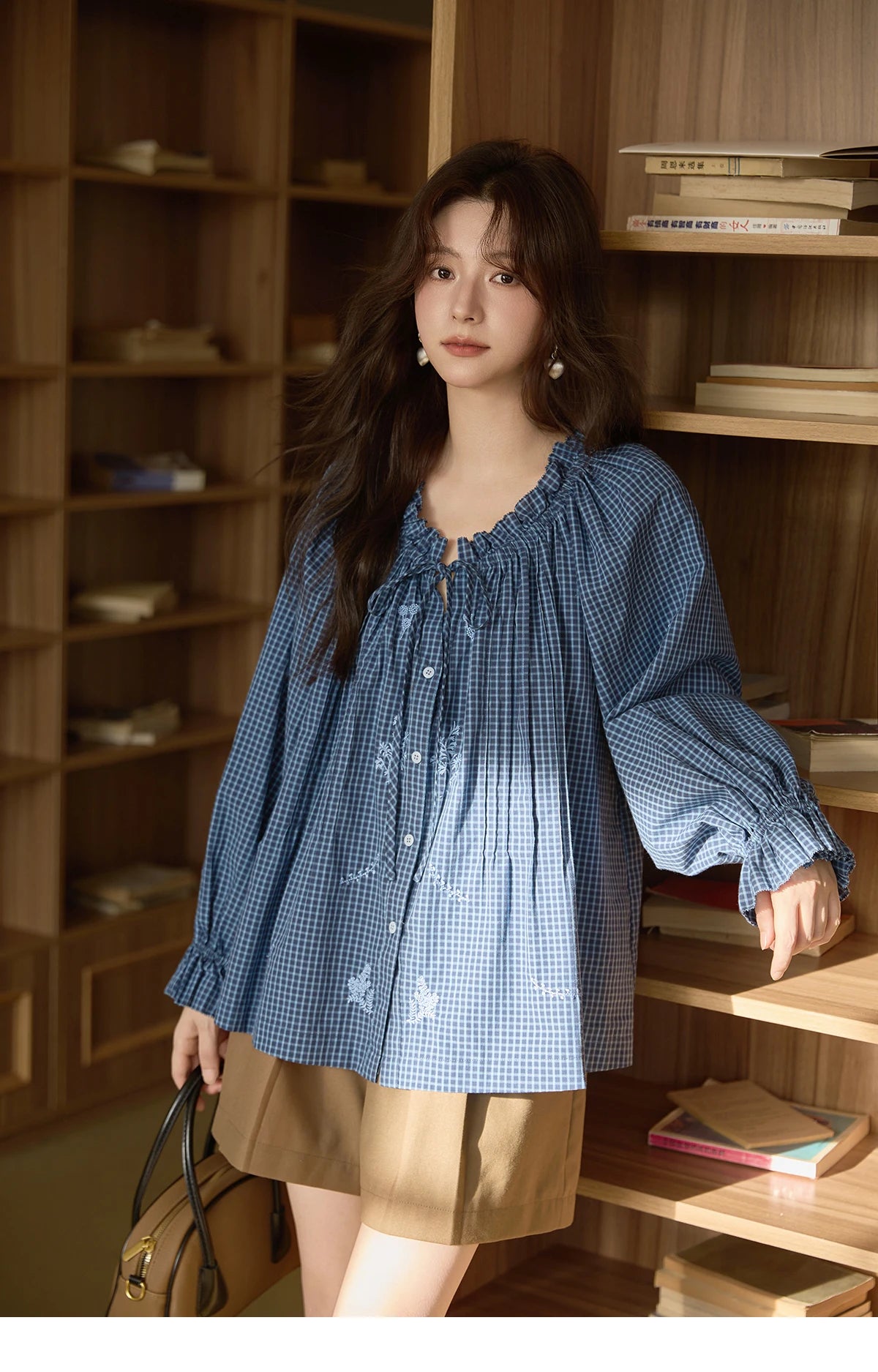 MISHOW Blue Plaid Embroidered Shirt Autumn 2025 Black Fungus Edge Collar Lace-up Doll Shirt 100cotton Loose Retro Top MXE44X2467