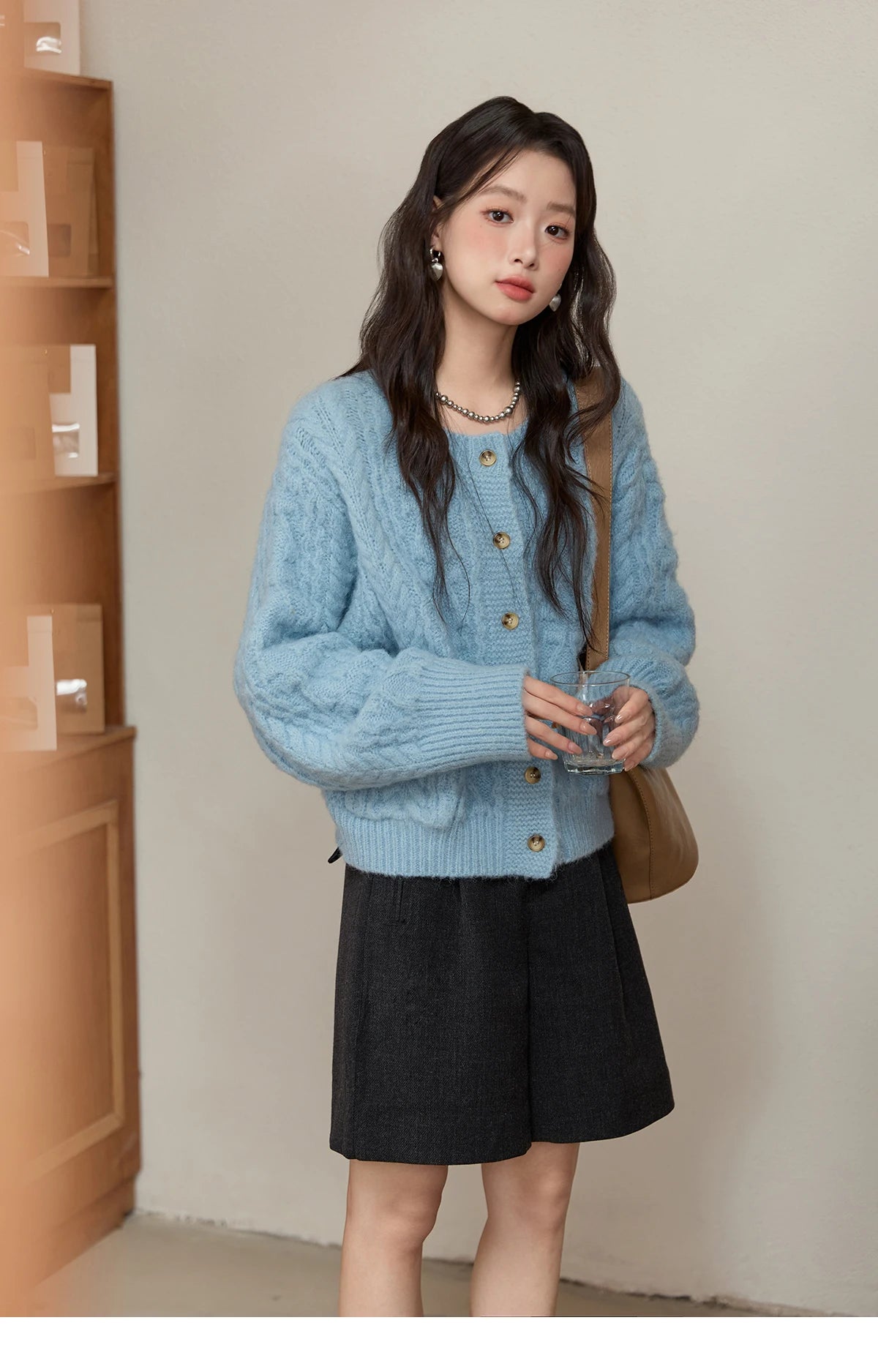 MISHOW Cardigan Women 2025 Autumn Winter Fashion Light Blue Retro Crew Neck Knitted Sweater Casual Loose Pocket Top MXE49Z2614
