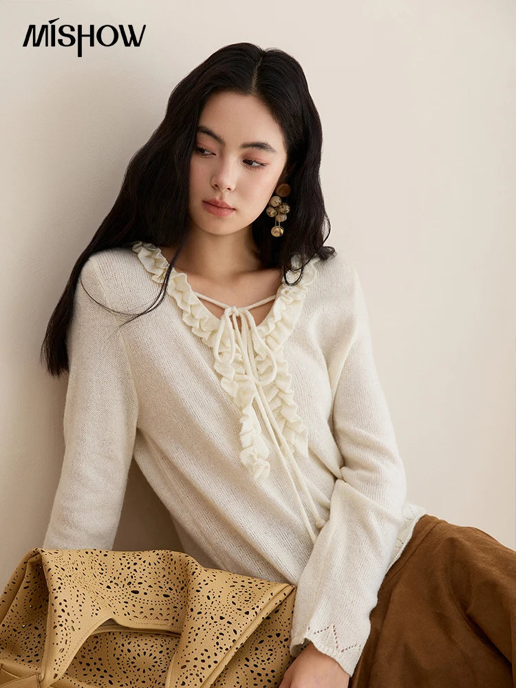 MISHOW Women Long Sleeve Tees 2025 Autumn New V-neck Wood Ear Hollow Out Knitted Sweater Women's Beige Wool Top MXE51Z2595