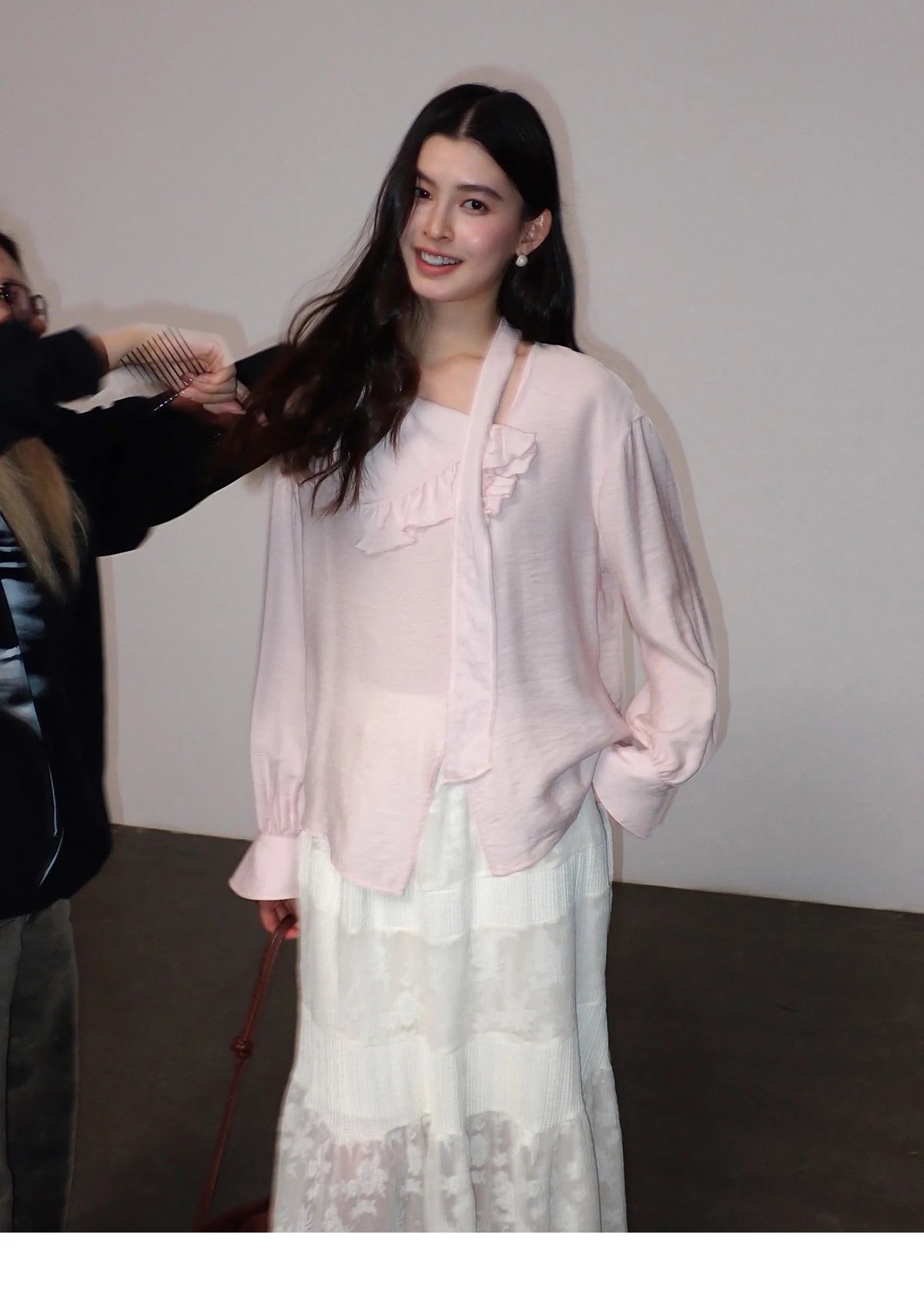 MISHOW Women's Pink Elegant Blouse 2026 Spring Asymmetrical Ruffled Collar Button Shirts Puff Sleeve Casual Loose Top MXF11X2520