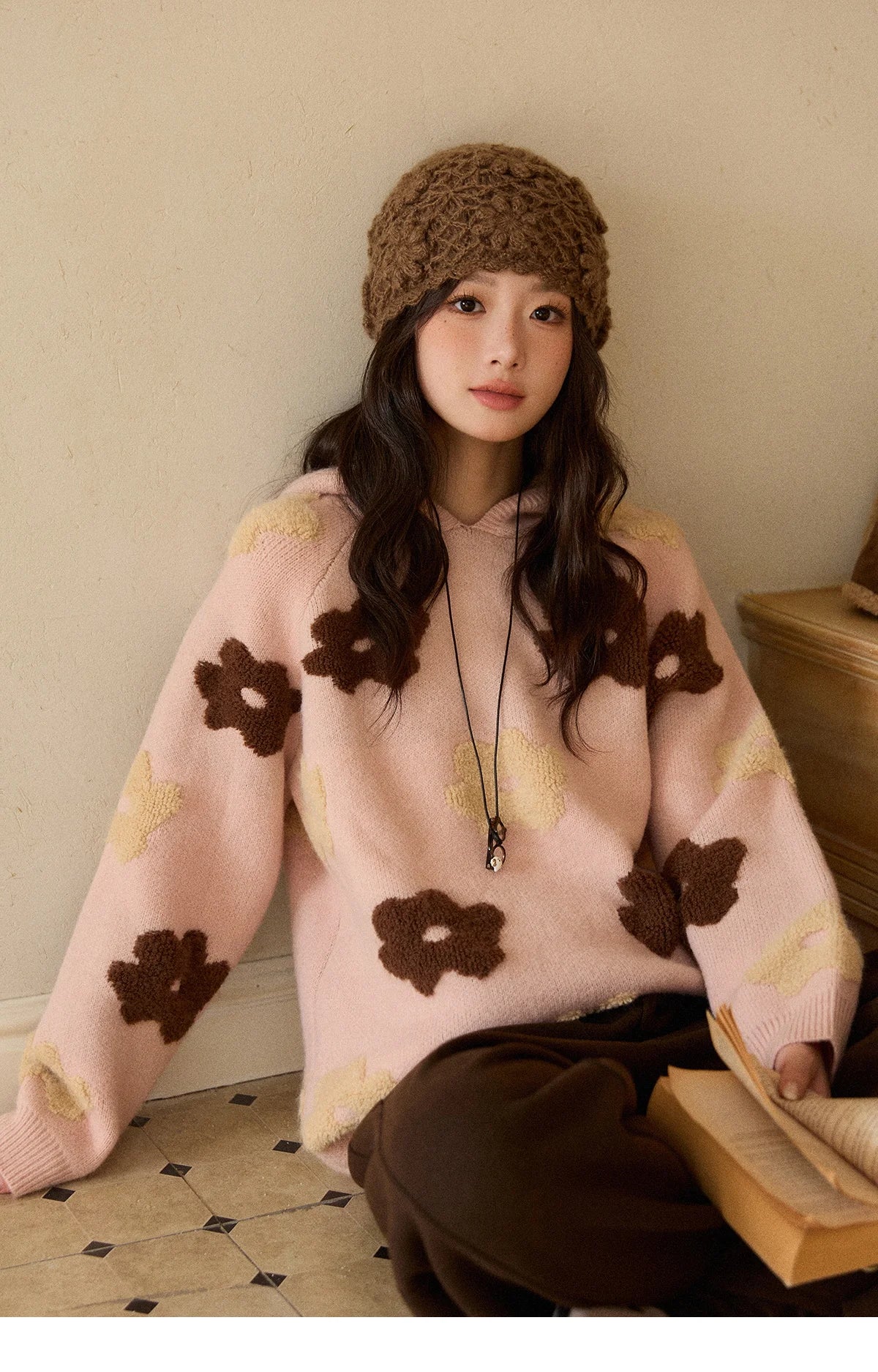 MISHOW Women's Floral Hooded Thick Sweater 2025 Loose Comfortable Pink 3D Jacquard Casual Long-Sleeved Pullovers MXE90Z2786