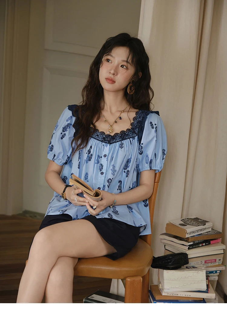 MISHOW Fashion Print Cotton Shirt for Women 2025 Summer New Puff Sleeve Lace Splicing Retro Blue Casual Button Top MXE35X1842
