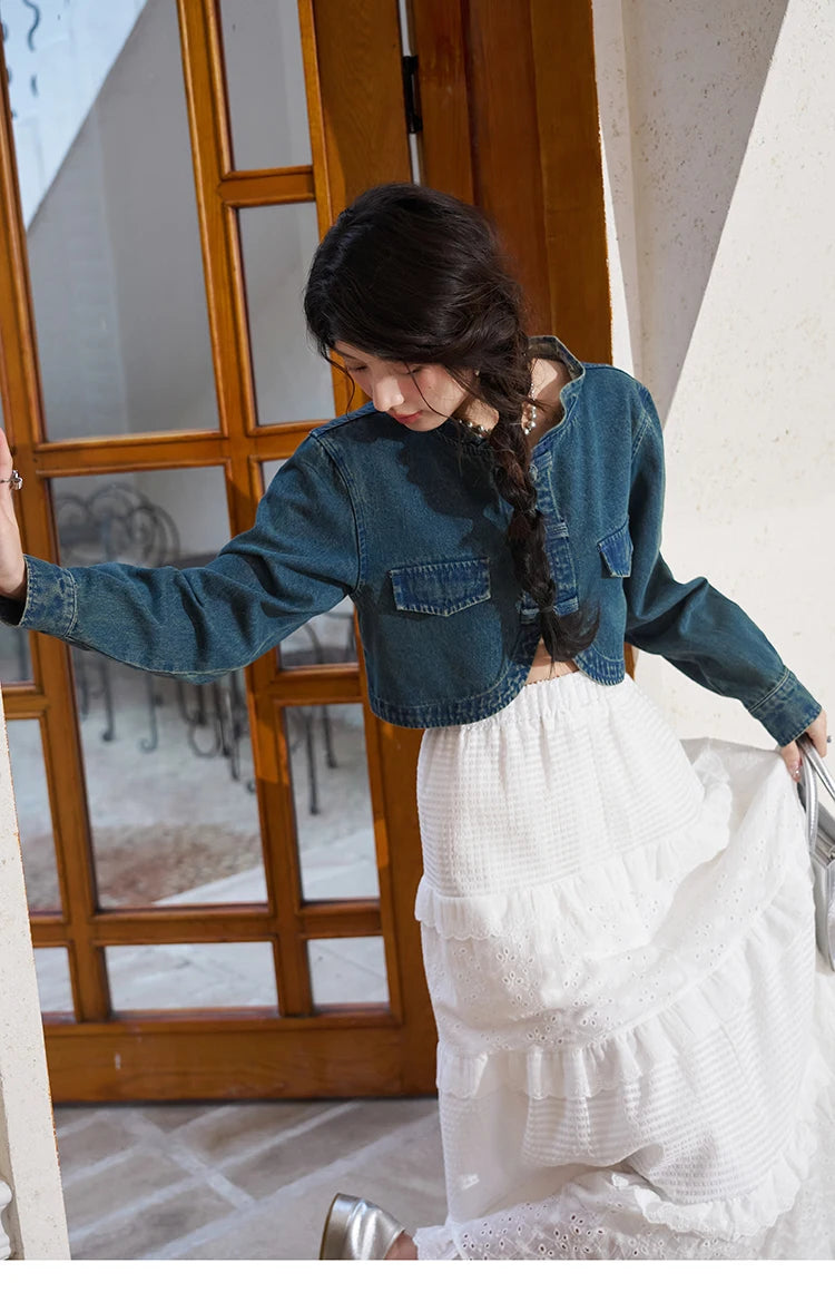 MISHOW Retro Chinese Buckle Denim Short Jacket U-neck Vest Dress Separately 2025 Autumn Casual Coat Knee-Length Dress MXD14L1771