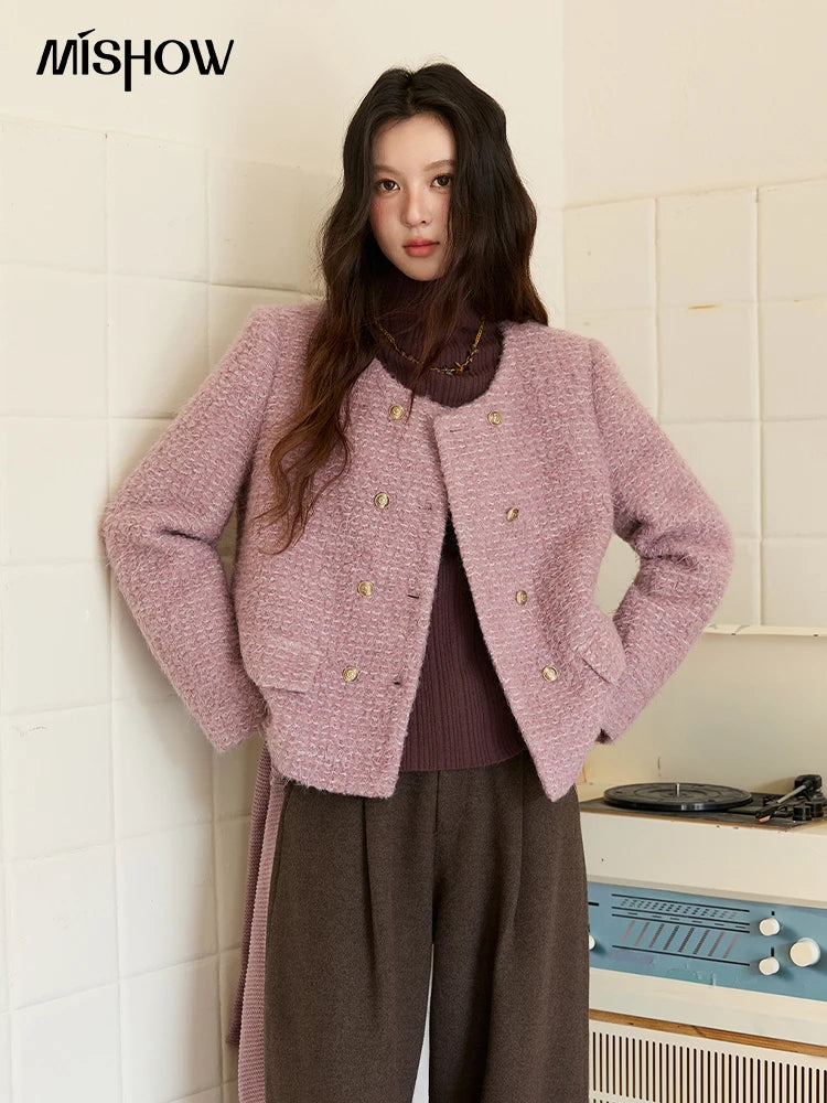 MISHOW Wool Coat Woman 2025 Purple Luxury O-neck Double-breasted Tweed Coat Commute Short Jacket Winter Clothes MXE88W0881