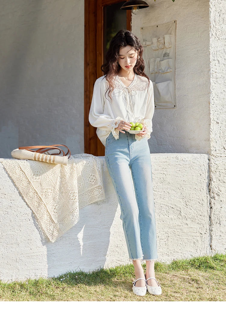 MISHOW Lace Patchwork Shirt for Women Spring 2025 V-neck with Fungus Edge Lace-up Chiffon Top Petal Sleeve Shirts MXE13X1713