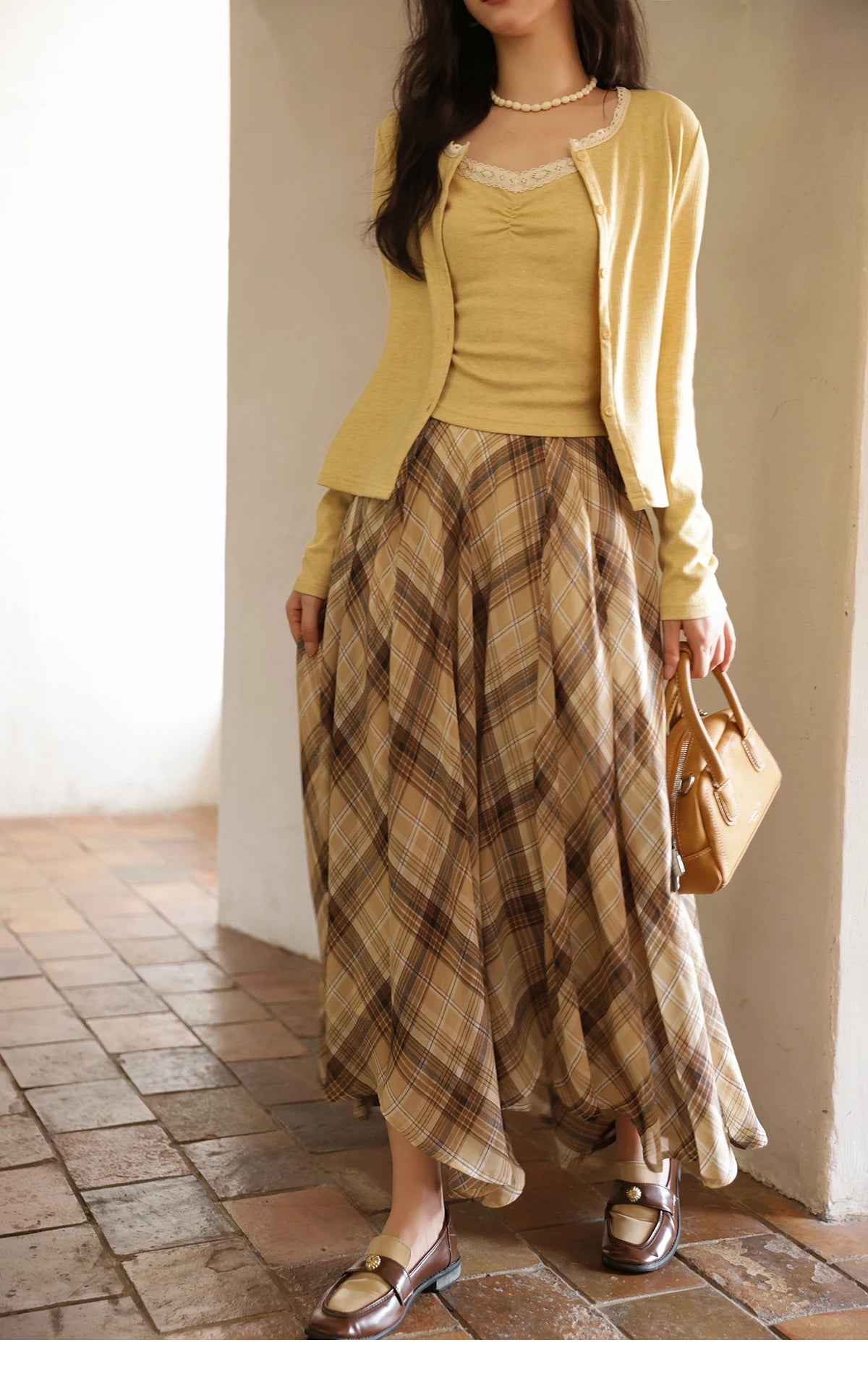 MISHOW Coffee Plaid Skirt 2025 Autumn Asymmetrical Hem Skirts Female Retro Side Zipper Commuting A-line Midi Skirt MXE42B2377