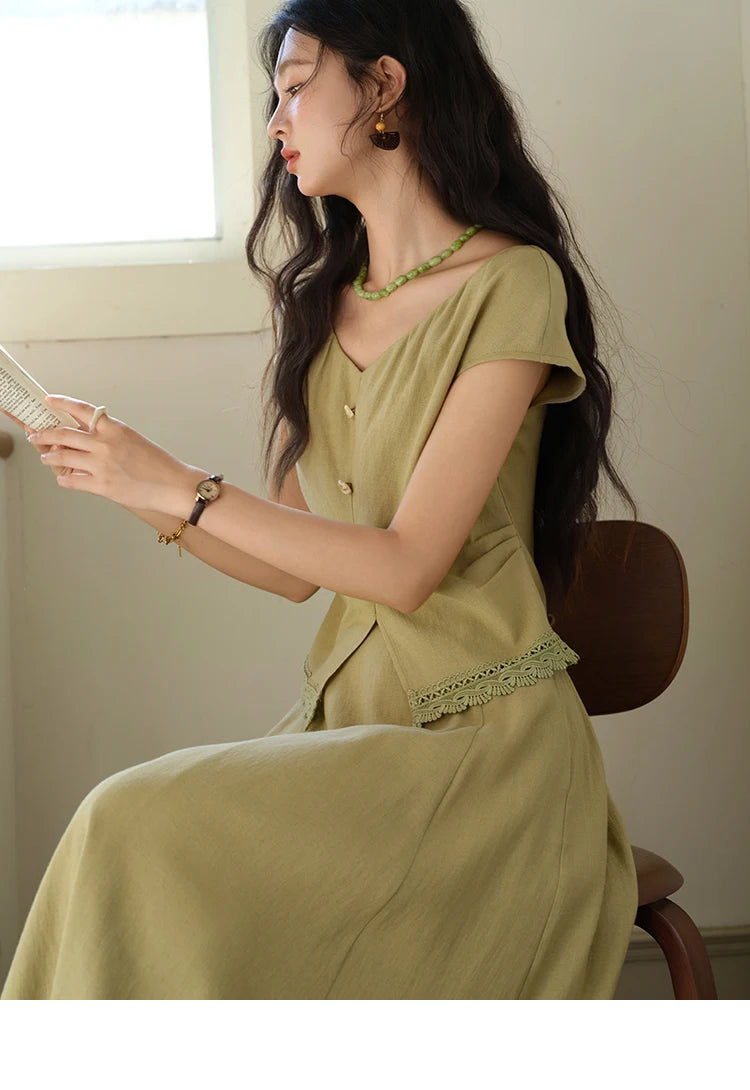 MISHOW Two-Piece Ladies Set 2025 Summer New Fashion V-neck Button Lace Hollow Out Spliced Top Pocket A-line Skirt Set MXE39T0665