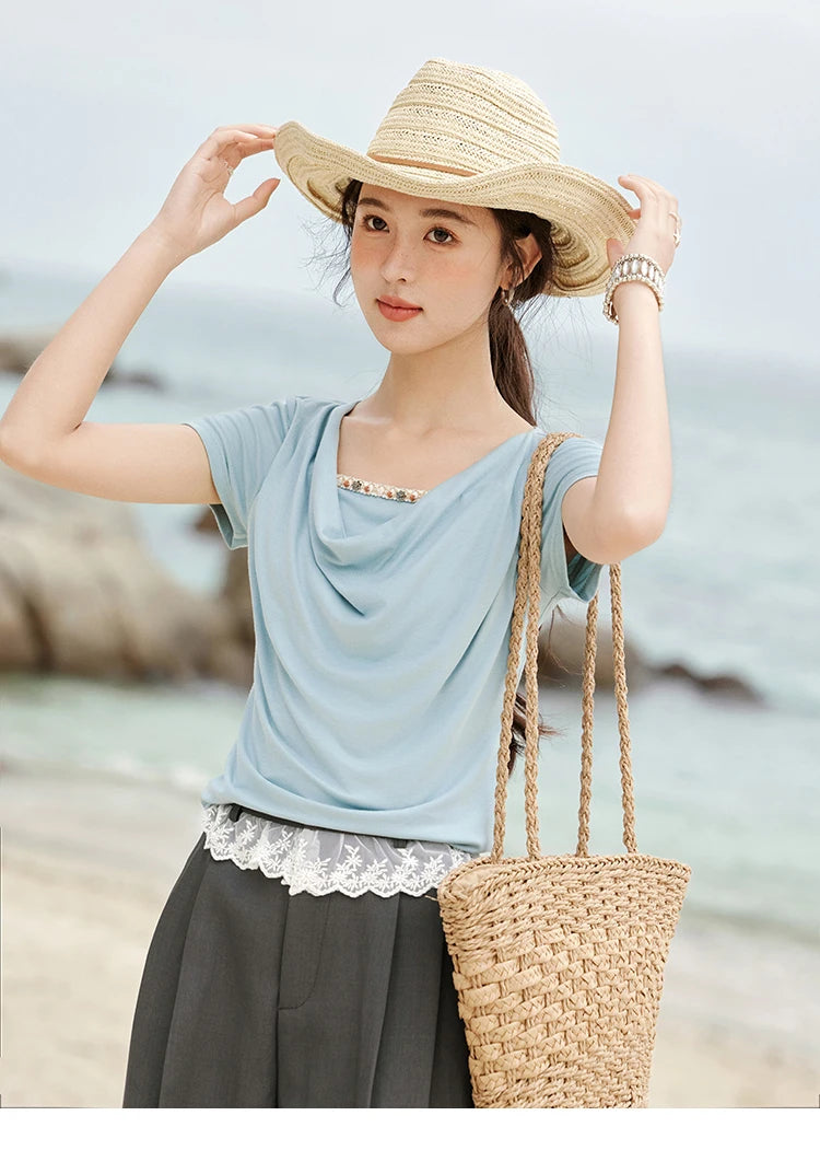 MISHOW Casual Summer Shirts Women 2025 Fashion Short Sleeve Swing Collar Solid T-shirt Female Slim Shell Ribbon Tops MXE33T0524