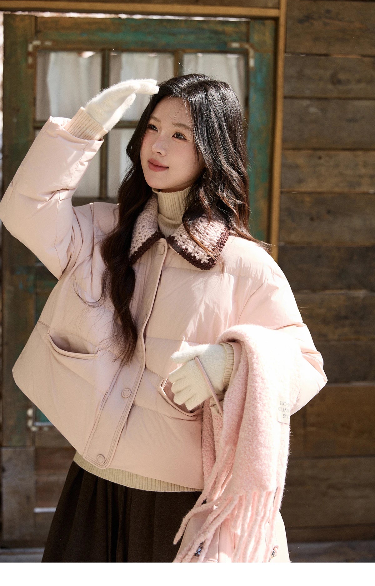 MISHOW Women's Sweet Knitted Lapel Collar Short Down Jacket 2025 Winter White Duck Down Single-Breasted Zipper Coat MXE94Y0094