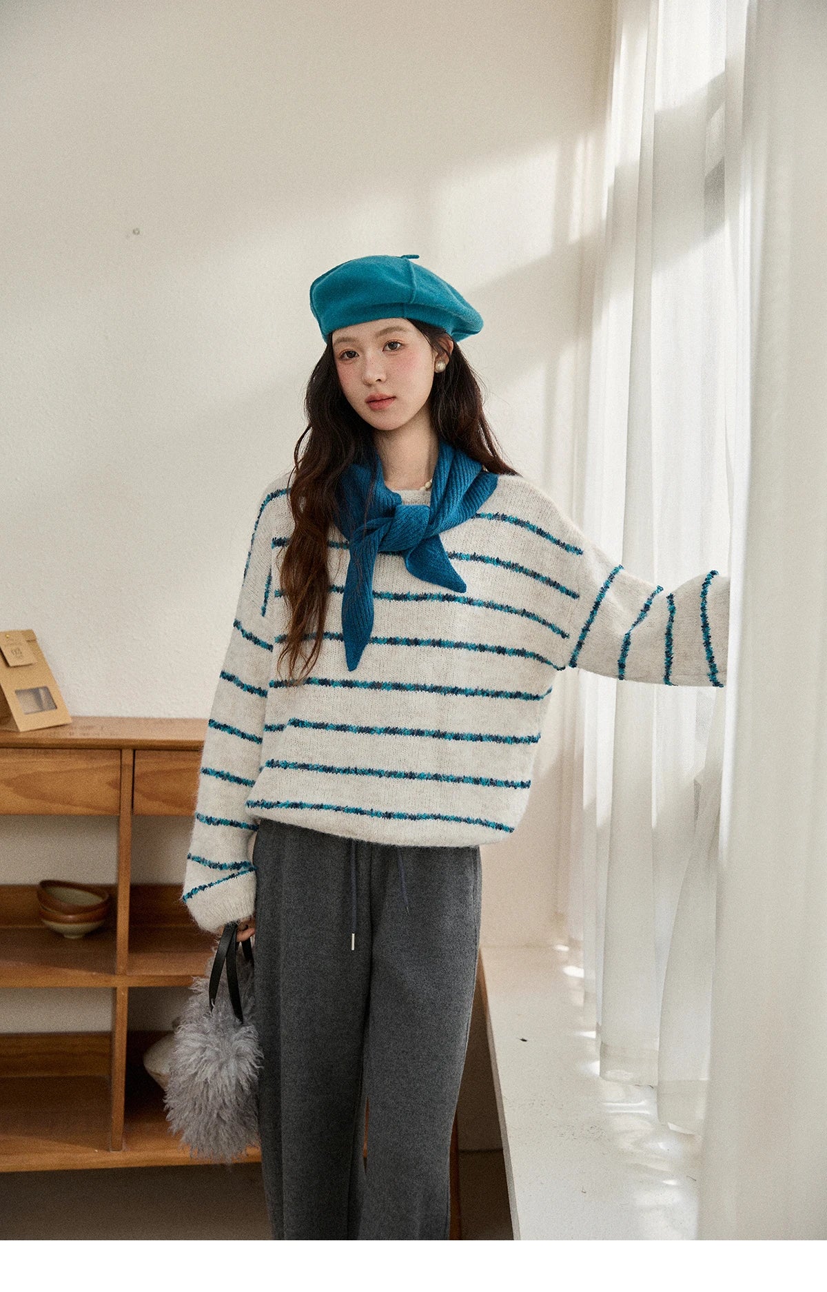MISHOW Women's Blue Striped Sweater 2025 New Alpaca Wool Shawl Scarf Set Retro Loose Casual Knit Top Winter Clothes MXE90Z2821