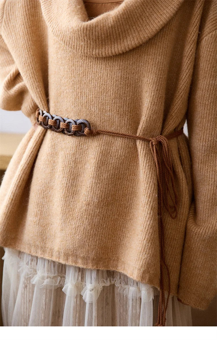 MISHOW Women's Orange Sweater 2025 Winter French Style Luxury Loose Long-sleeved Sweater Vest Belt Three-piece Set MXE86T1437