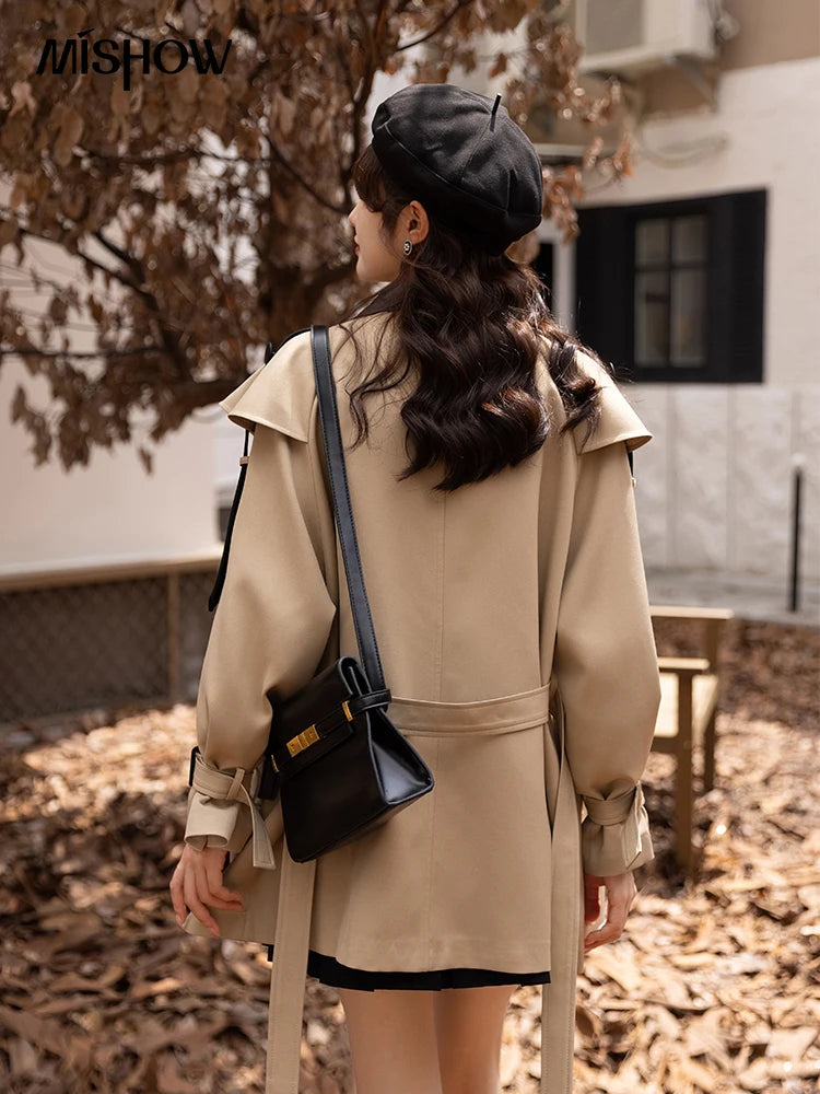 MISHOW Trench Coats for Women Autumn Korean Office Lady Polo Collar Patchwork Long Mid-length Jacket Female Outerwear MXB33W0399