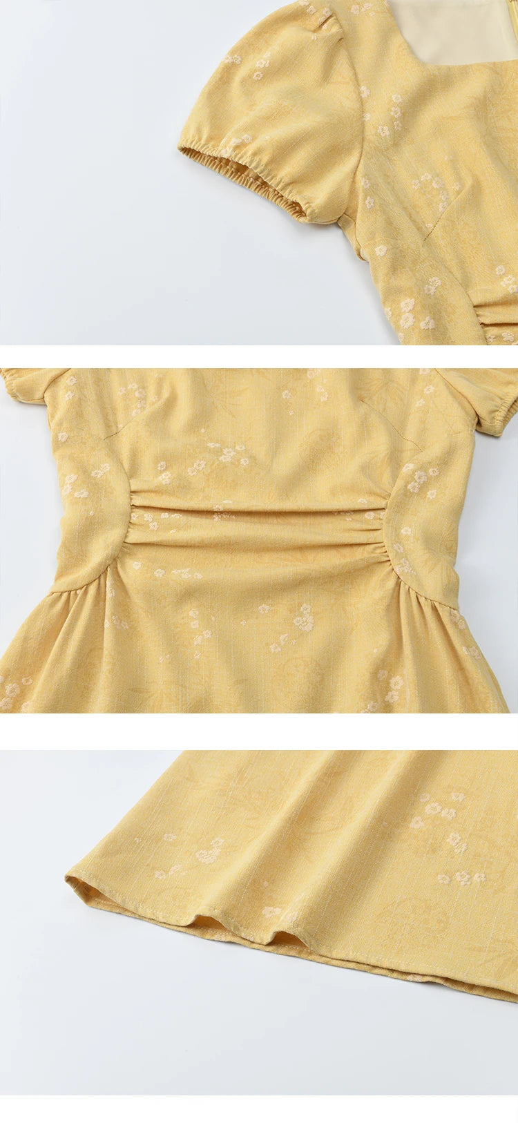 MISHOW Women's Clothing Fashion Square Neck Puff Sleeve Dress Summer 2025 New Bamboo Leaf Jacquard Pattern Dresses MXE39L2415