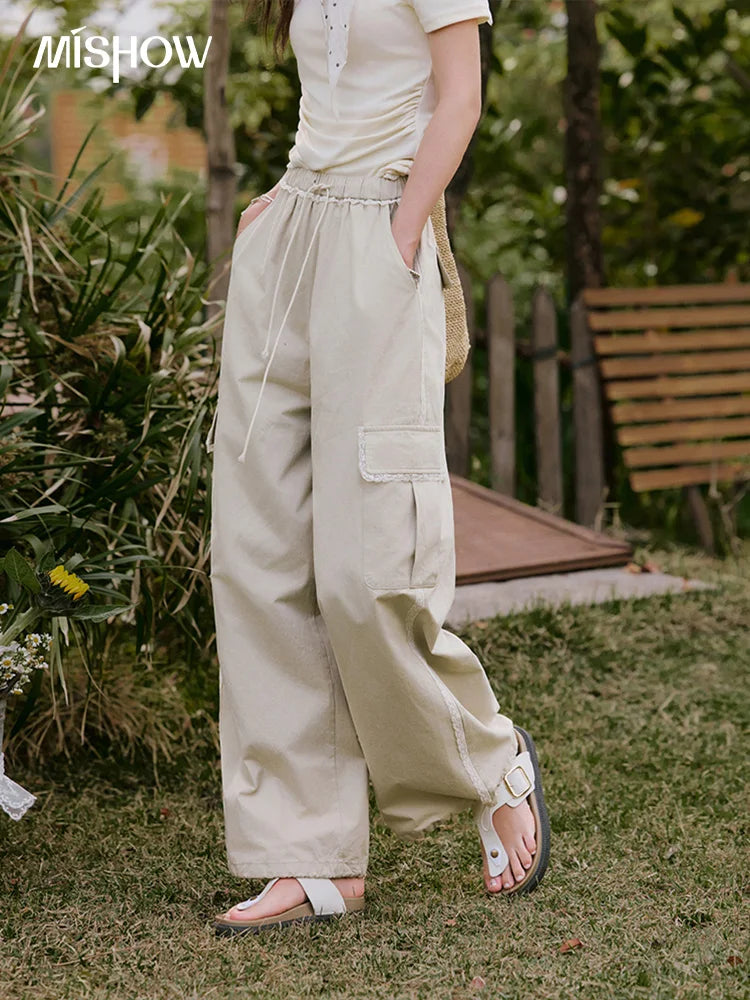 MISHOW Apricot Cargo Pants for Women in Summer 2025 Lace Patchwork Casual Pants Drawstring Elastic Waisted Trousers MXE33K0935
