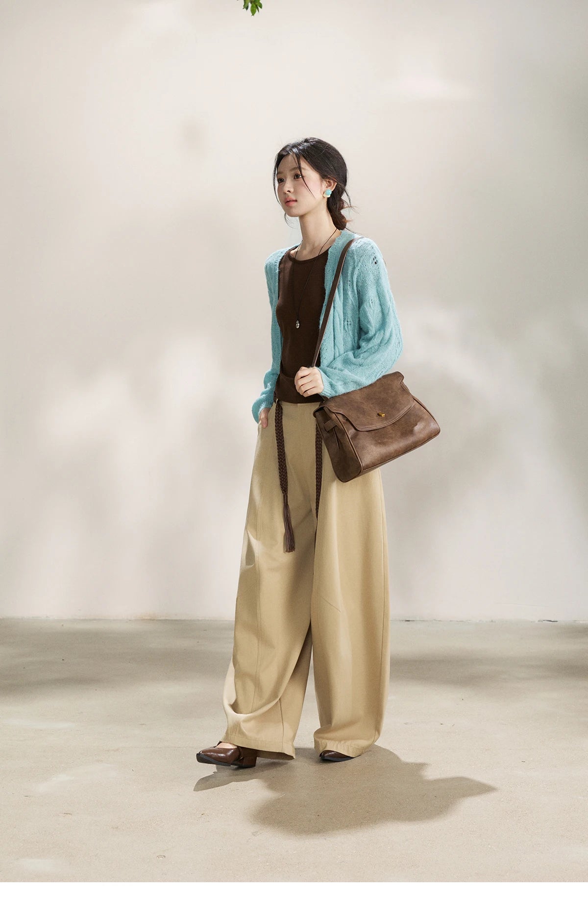 MISHOW Women's Blue Hollow Out Knit Cardigan 2026 Spring V Neck Wool Blend Tops Single Breasted Casual Thin Sweater MXF13Z2975