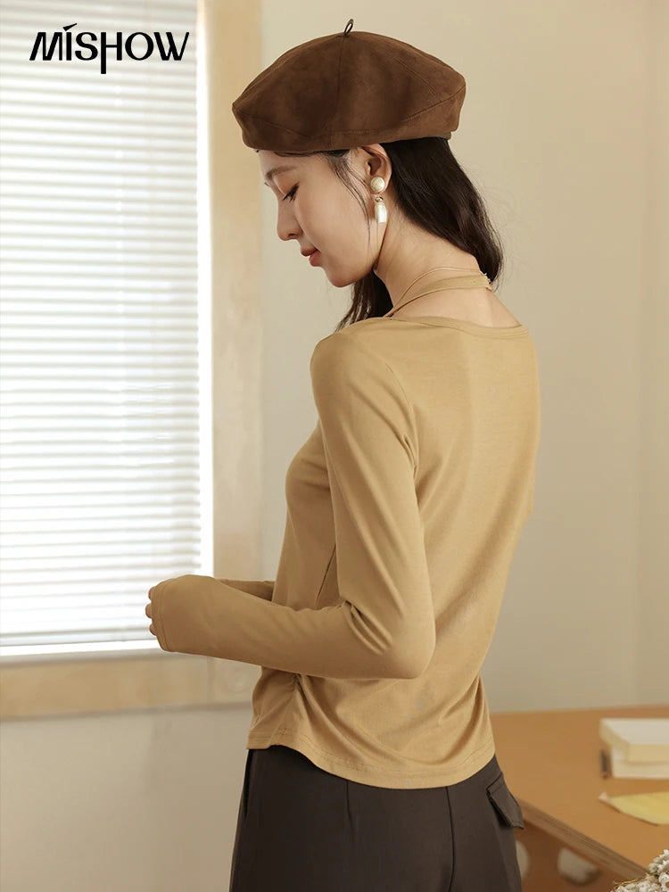 MISHOW Elastic Knitted T-shirts for Women Autumn 2025 Hanging Neck Strap Tees Pleated Waist Slim Long Sleeved Top MXE42T0720