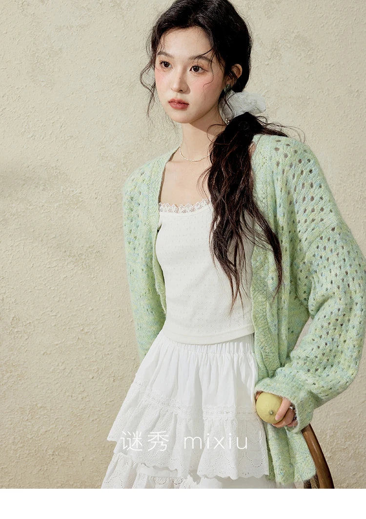 MISHOW Green Knitted Cardigan for Women Spring 2025 Loose Hollow Out Wave Neck Commuting Slim Open Stitch Cardigan MXE12Z1212