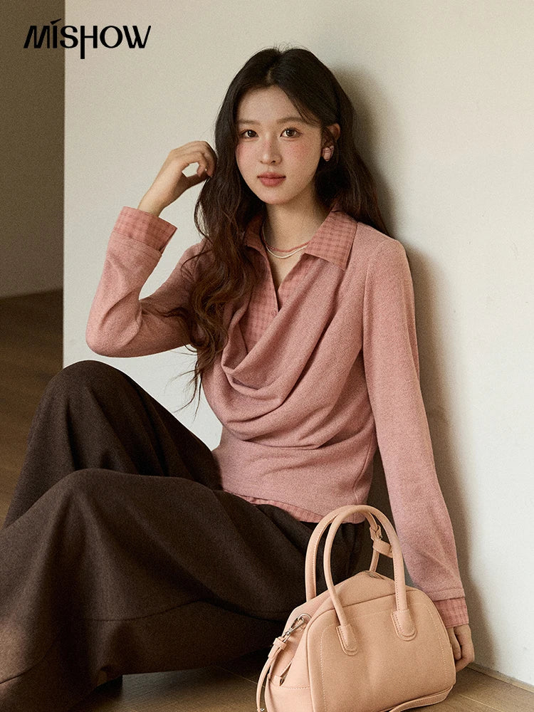 MISHOW Women Knit Top 2025 Winter Faux Two-piece Pullovers Retro Plaid Patchwork Draped Collar Luxury Design Pink Top MXE87Z2747
