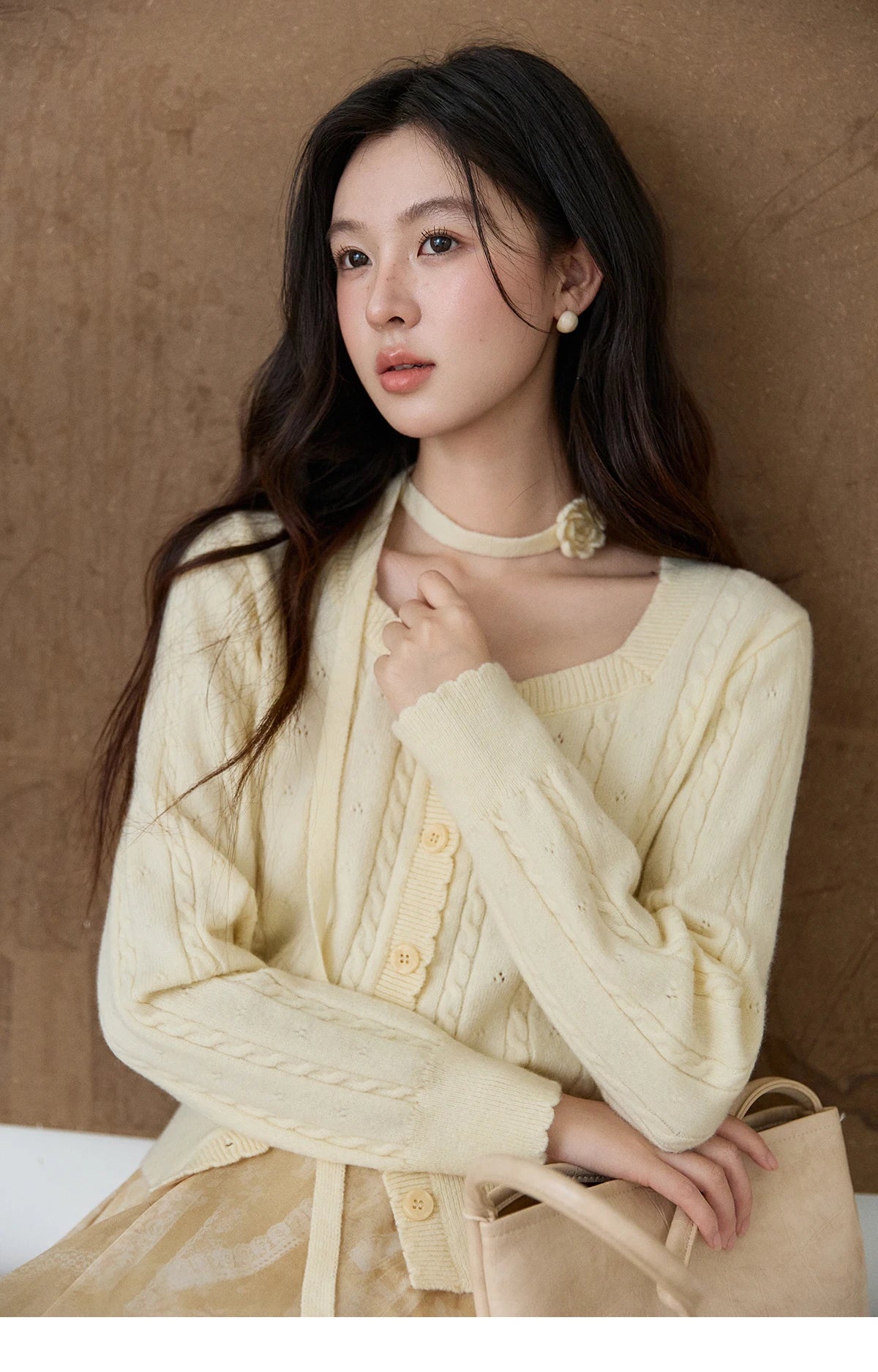 MISHOW Women's Beige Cable Knit Cardigan 2026 Spring Square Neck Long Sleeve Slim Casual Knitwear with Flower Ribbon MXF11Z2903