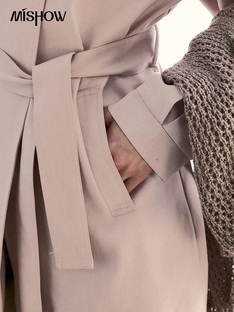 MISHOW Women's Dusty Pink Trench 2026 Spring Stand Collar Belted Coats Raglan Sleeve Casual Mid-Length Windbreaker MXF108W1002