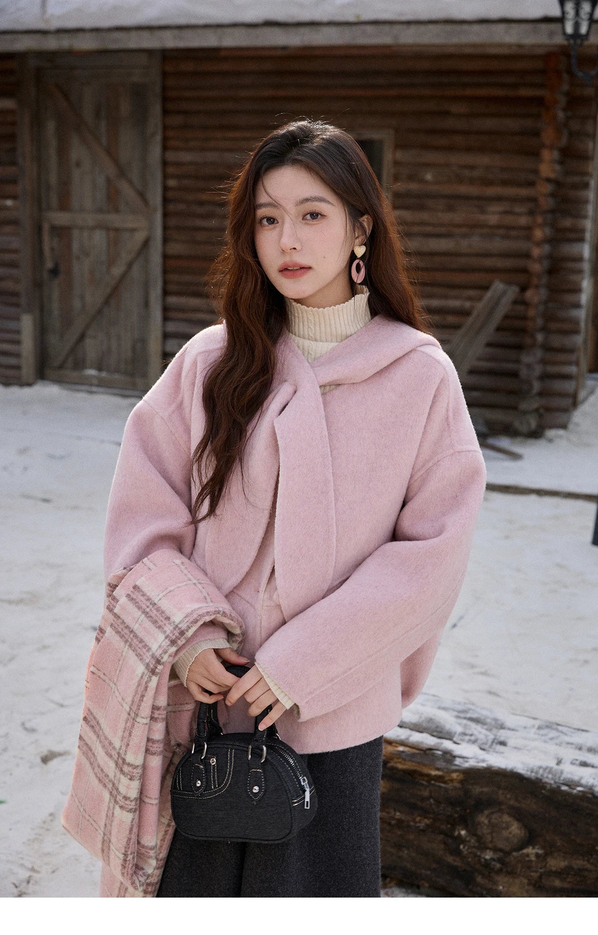MISHOW Pink Wool Double-sided Woolen Coat Winter Hooded Bow Tie Strap Coats Loose Dropped Sleeves Coat Office Lady MXE91W1010