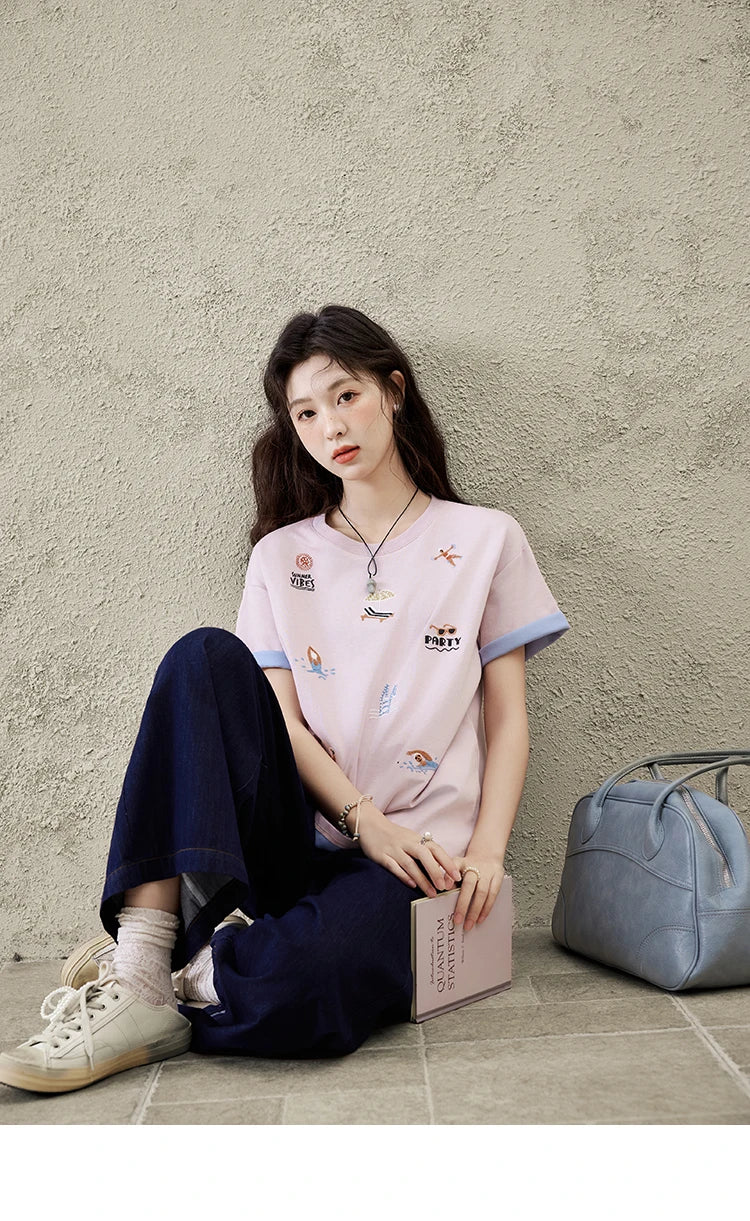 MISHOW Embroidered Casual T-shirt for Women Summer 2025 Short Sleeve Round Neck Shirts Female New Fashion Tops Lady MXE16T0506