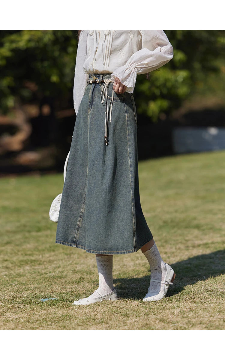 MISHOW Denim Vest Coat Midi Skirt Separately for Women Spring 2025 Korean Retro Washed Cotton Coat Slim A-line Skirt MXE13W0731