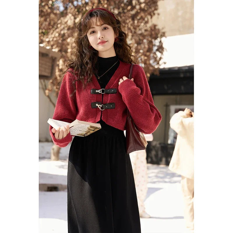 MISHOW Knitted Dress Solid Cardigan Separately Women Winter V Neck Sweater Midi A-line High Waist Dress Short Tops MXC59L1646