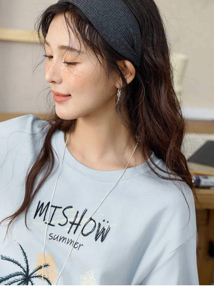 MISHOW Casual Print T-shirts Women 2025 Summer New Short Sleeve Round Neck Coconut Tree Pattern Shirt Woman Holiday MXE31T0516