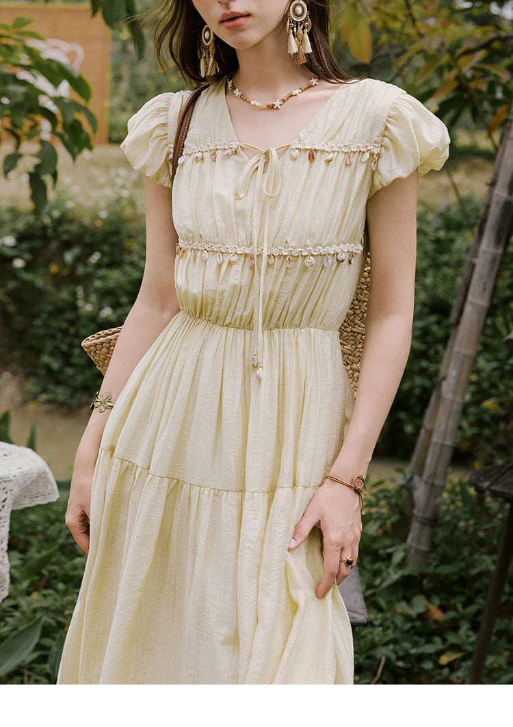 MISHOW Holiday Summer Dresses Women 2025 Solid V-neck Short Puff Sleeve Shell Ribbon High Waist Dress Woman Fashion MXE33L2193