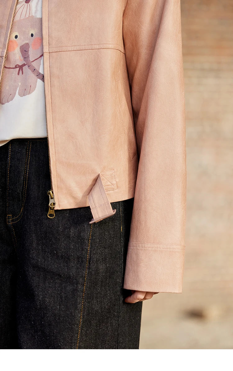 MISHOW Fashion Pink Leather Jacket Women's Spring 2025 New Shoulder Long Sleeved Slim Fit Leisure Tops Coat Female MXE11W0714