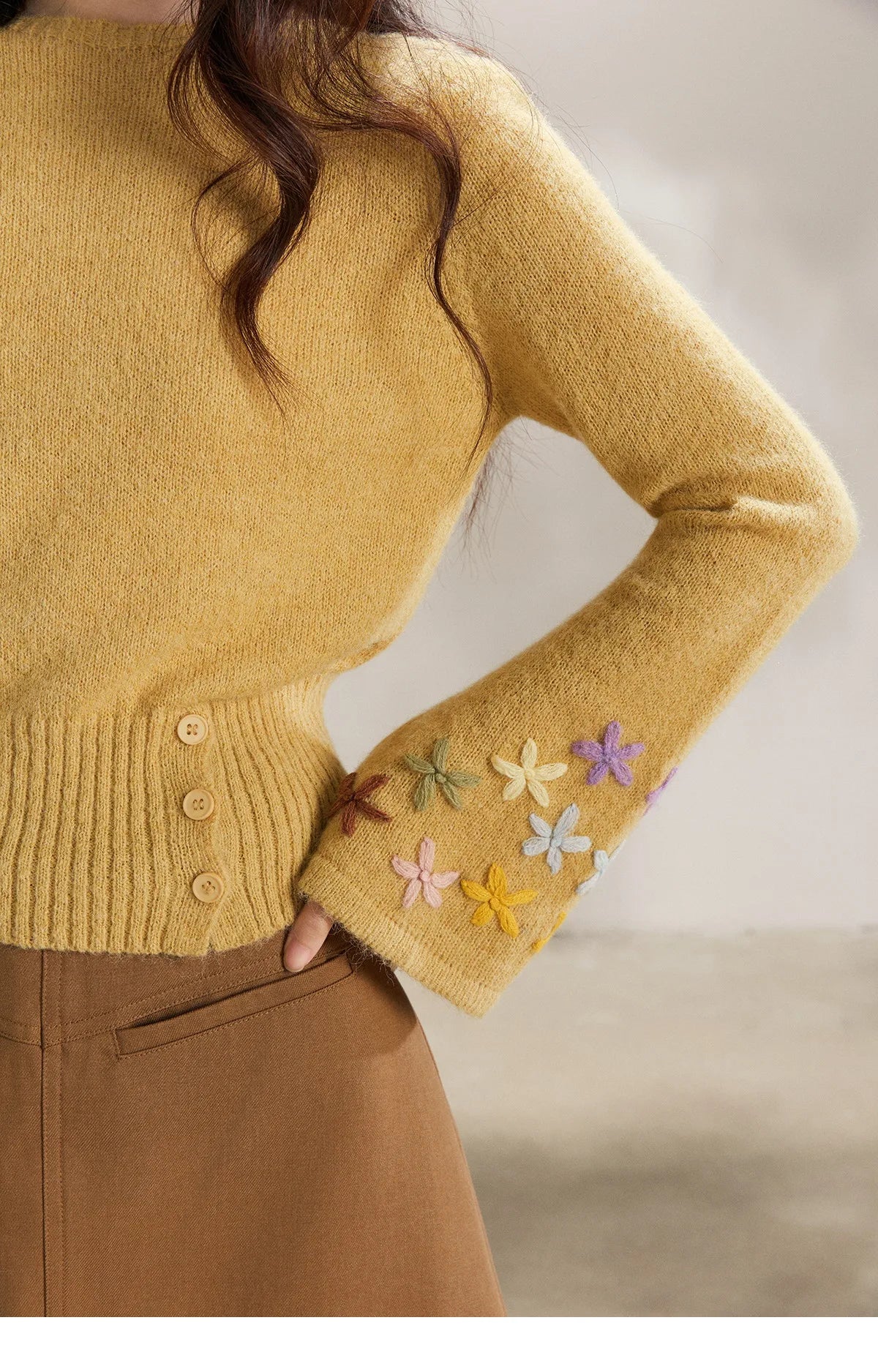 MISHOW Floral Embroidered Boat Neck Flare Sleeve Knit Tops 2026 Spring Side Button Slim Casual Soft Yellow Sweater MXE94Z2864