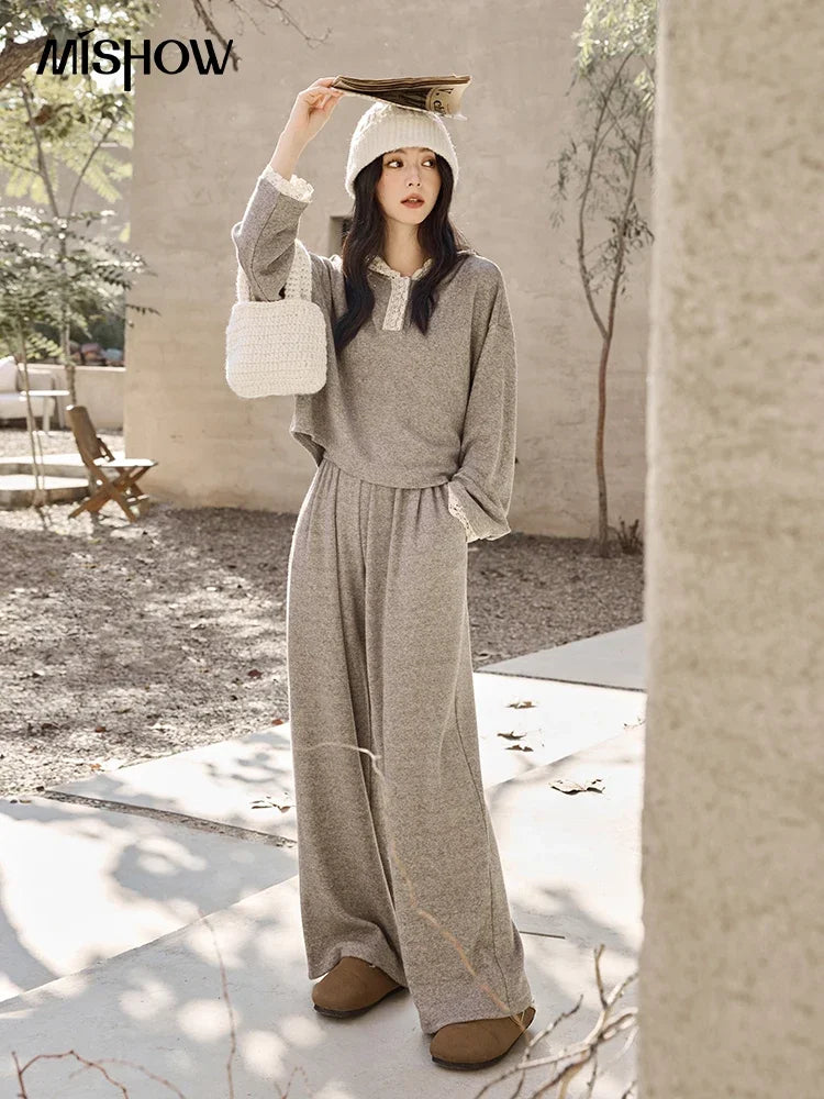 MISHOW Women's Sweatshirt Wide Leg Pants Separately 2025 Fall Winter Lace Splicing Hooded Casual Elastic Waist Pants MXD34V0098