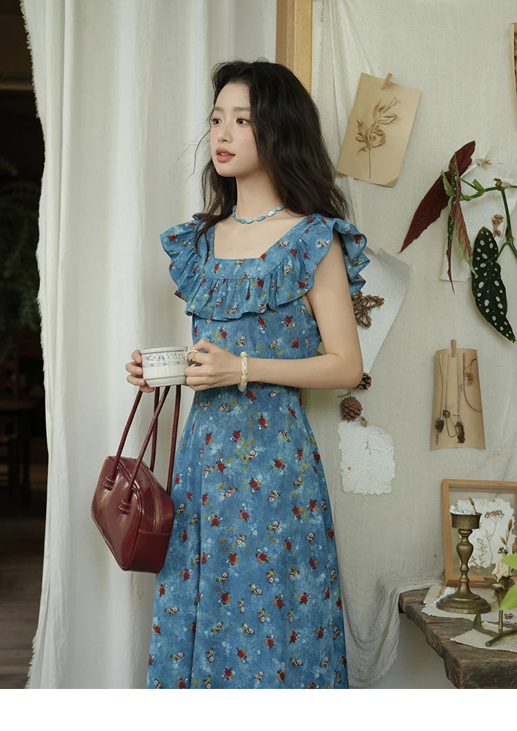 MISHOW Women's Fashion V-neck Ruffled Floral Dress Summer 2025 Flying Sleeve Waist Lace Up Casual Vacation Dresses MXE39L2436