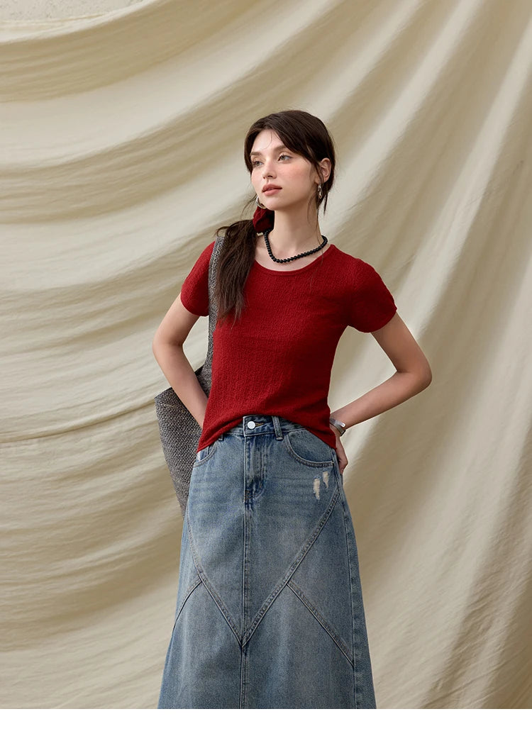 MISHOW Office Lady Women’s T-shirts Summer 2025 Short Sleeve Round Neck Solid Slimming Knitted Shirt Female Fashion MXE34Z1257