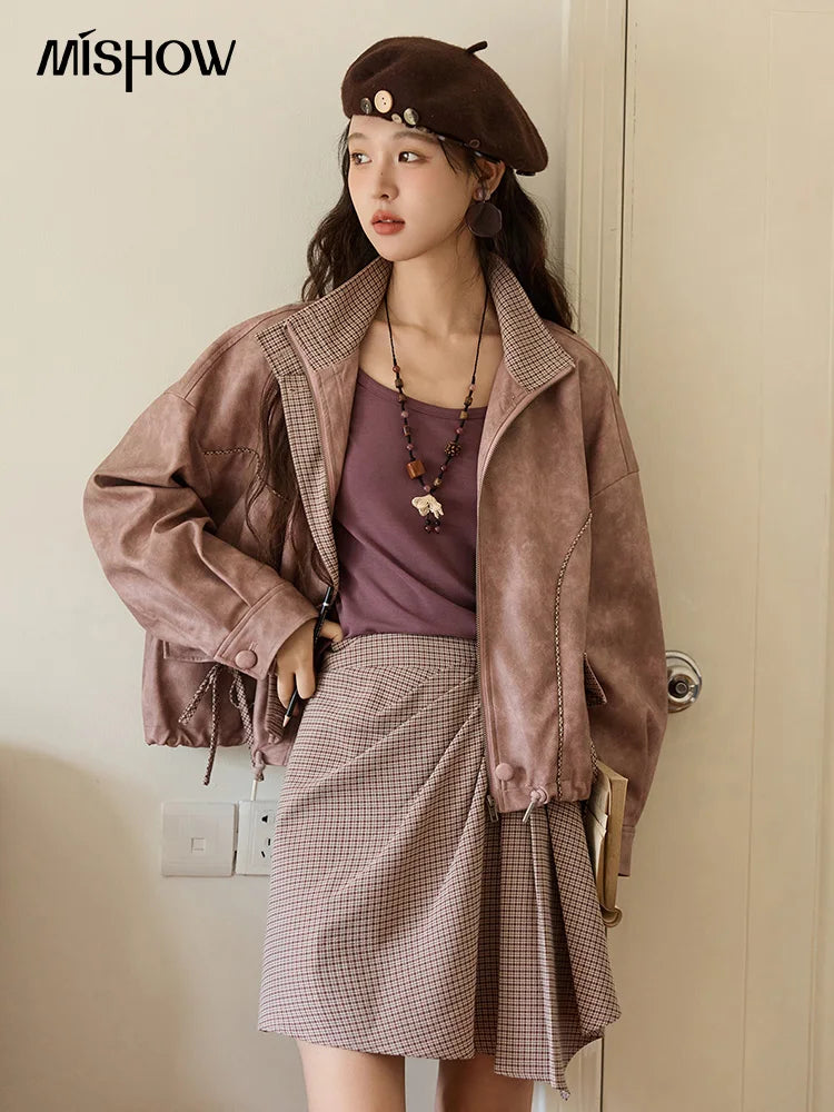 MISHOW Women's Dyed Leather Jackets 2025 Autumn Short Contrasting Plaid Lapel Jacket Fashion Loose Bow Pockets Coat MXE44W0818