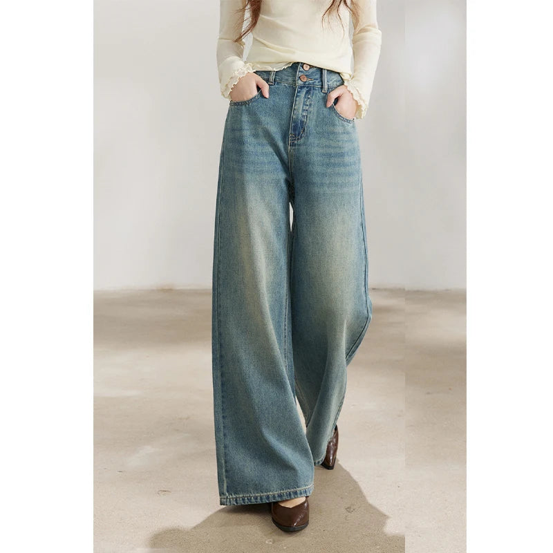 MISHOW Women's Vintage Blue Wide Leg Jeans Spring High Waist Cotton Pants Two-button Loose Casual Denim Trousers MXF108K1005