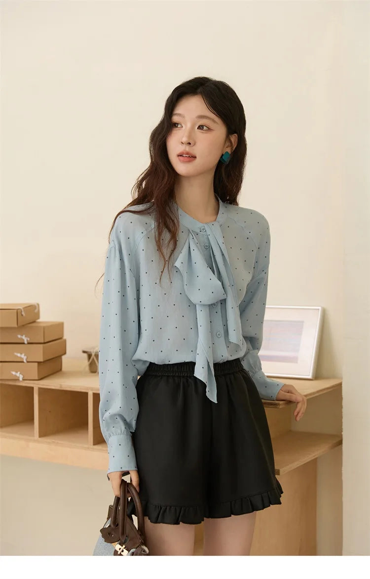 MISHOW Women's Casual Shirt 2025 Autumn French Vintage Blue Polka Dot Shirt Bow Collar Long-sleeve Top Women's Clothe MXE45X2475