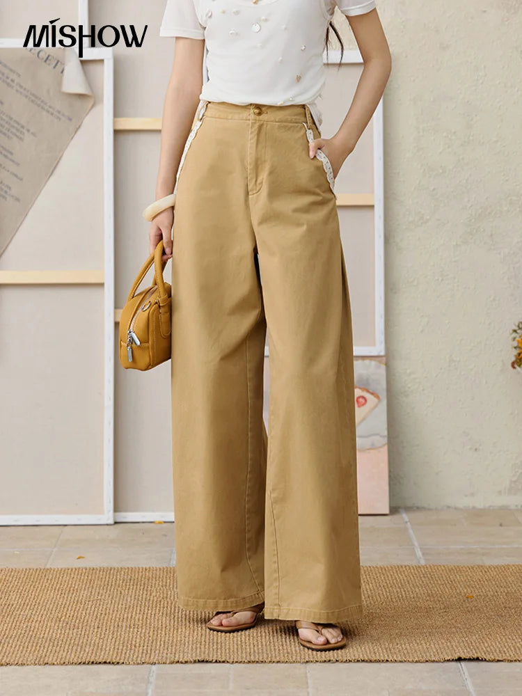 MISHOW 100Cotton Khaki Lace Patchwork Wide Leg Pants for Summer 2025 High Waist Straight Leg Trousers Commuting Pants MXE34K0925