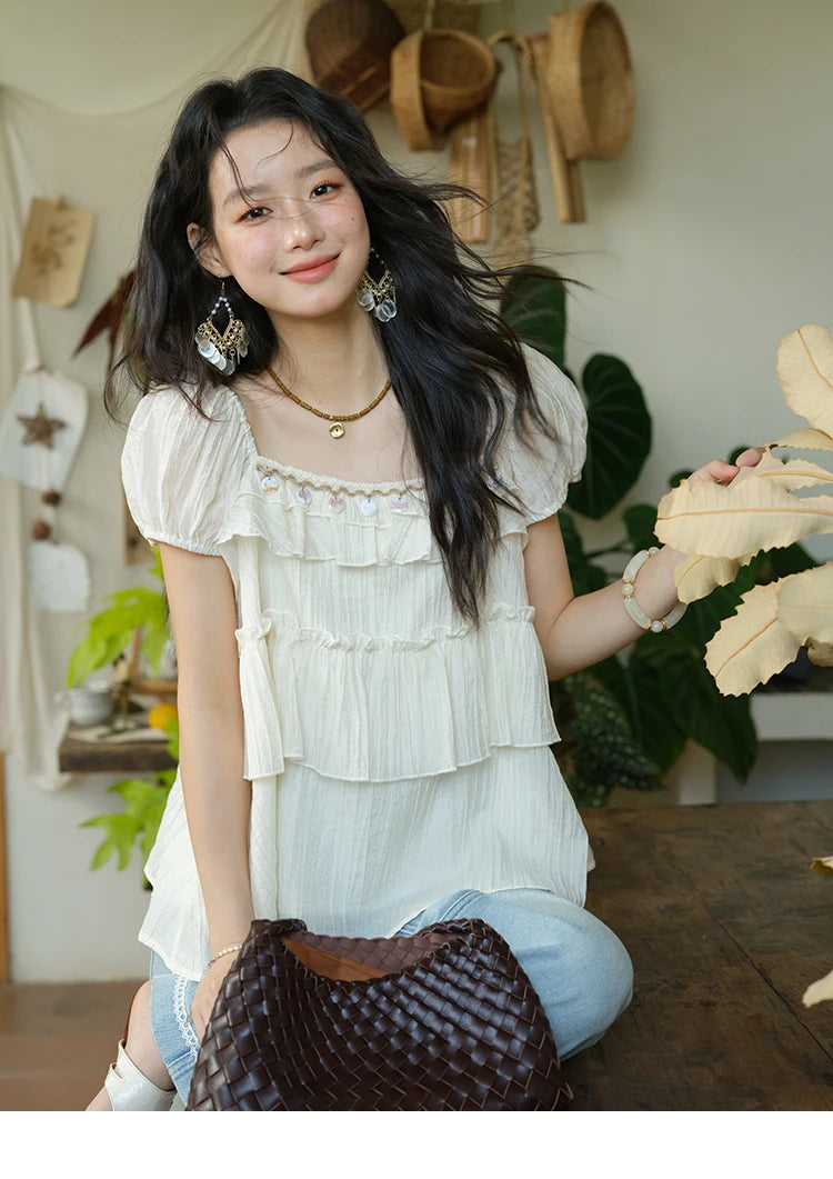 MISHOW French Summer Blouse Women New 2025 Short Sleeve Square Collar Cake Ribbon Shirts Female Fashion Slimming Tops MXE33X1763