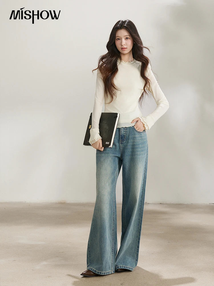 MISHOW Women's Ruffled Crew Neck Interior T-shirt 2026 Spring Lightweight Transparent Mesh Tops Slim Casual T-Shirt MXF11Z2914