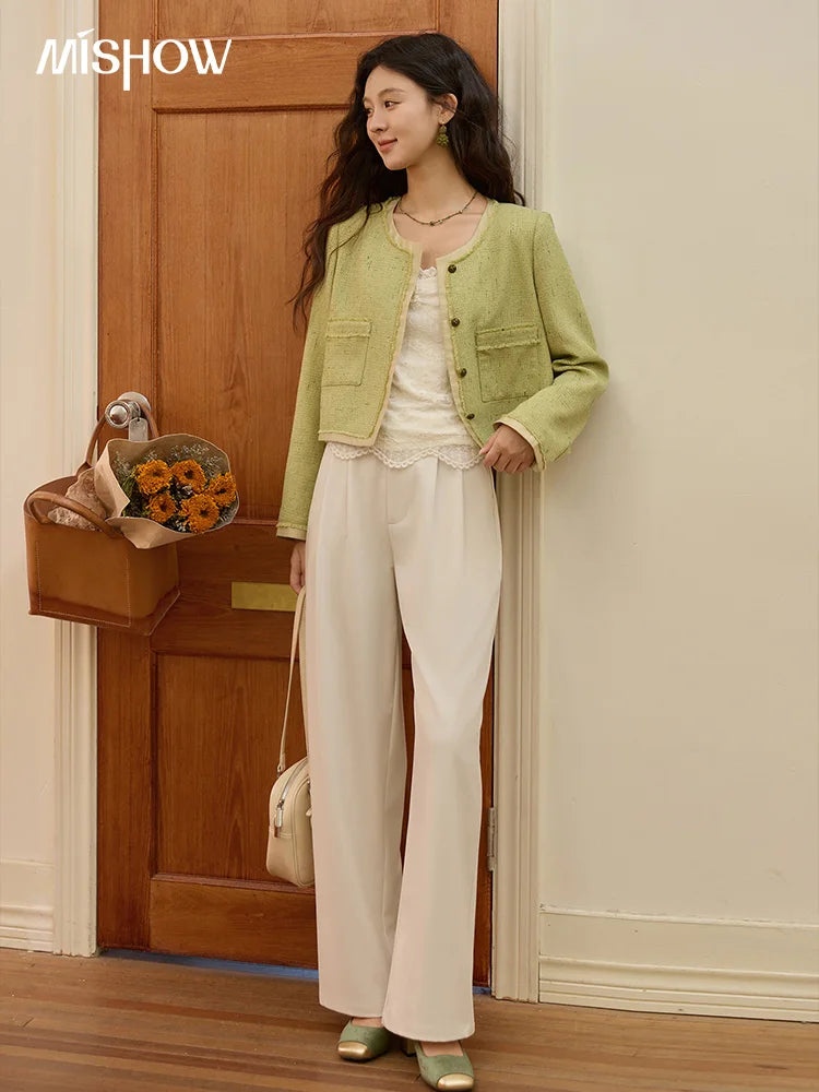 MISHOW Green Fragrant Short Coat 2025 Autumn Korean Single Row Metal Buttons Jackets Symmetric Pocket Commuter Top MXE41W0796